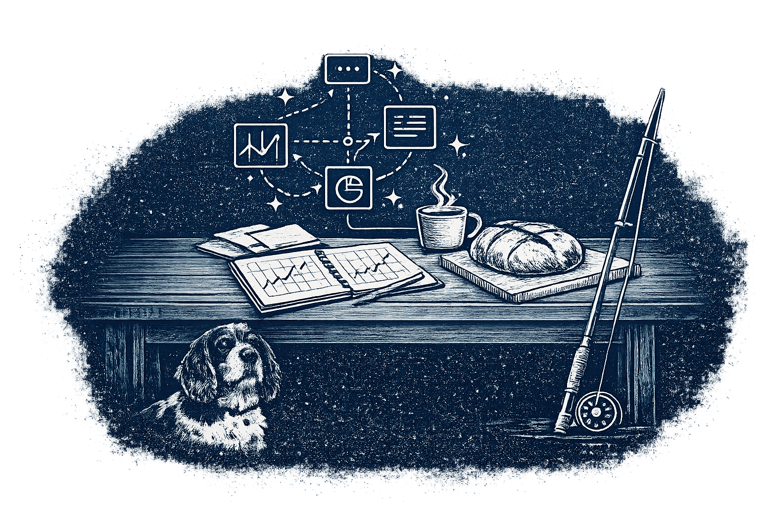 Minimal line illustration combining systems thinking, bread baking, and fly fishing.